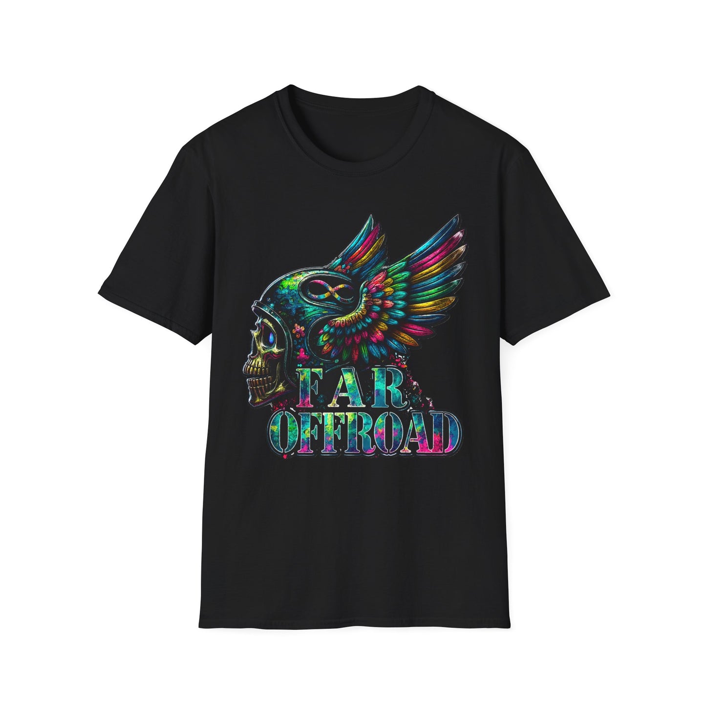 Far Offroad Skull Tee — Colorful Winged Skull Graphic T-Shirt