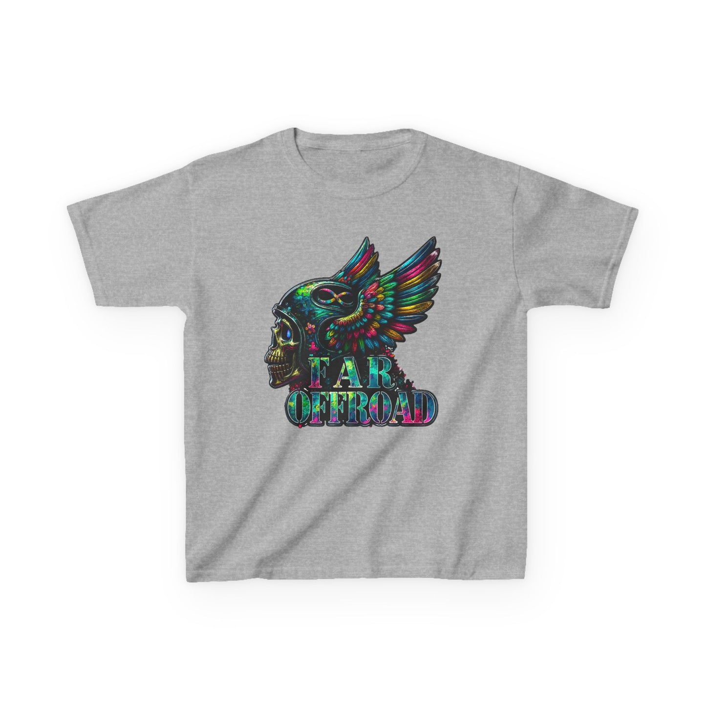 Kids Tee — Colorful Winged Skull “Far Offroad” Graphic