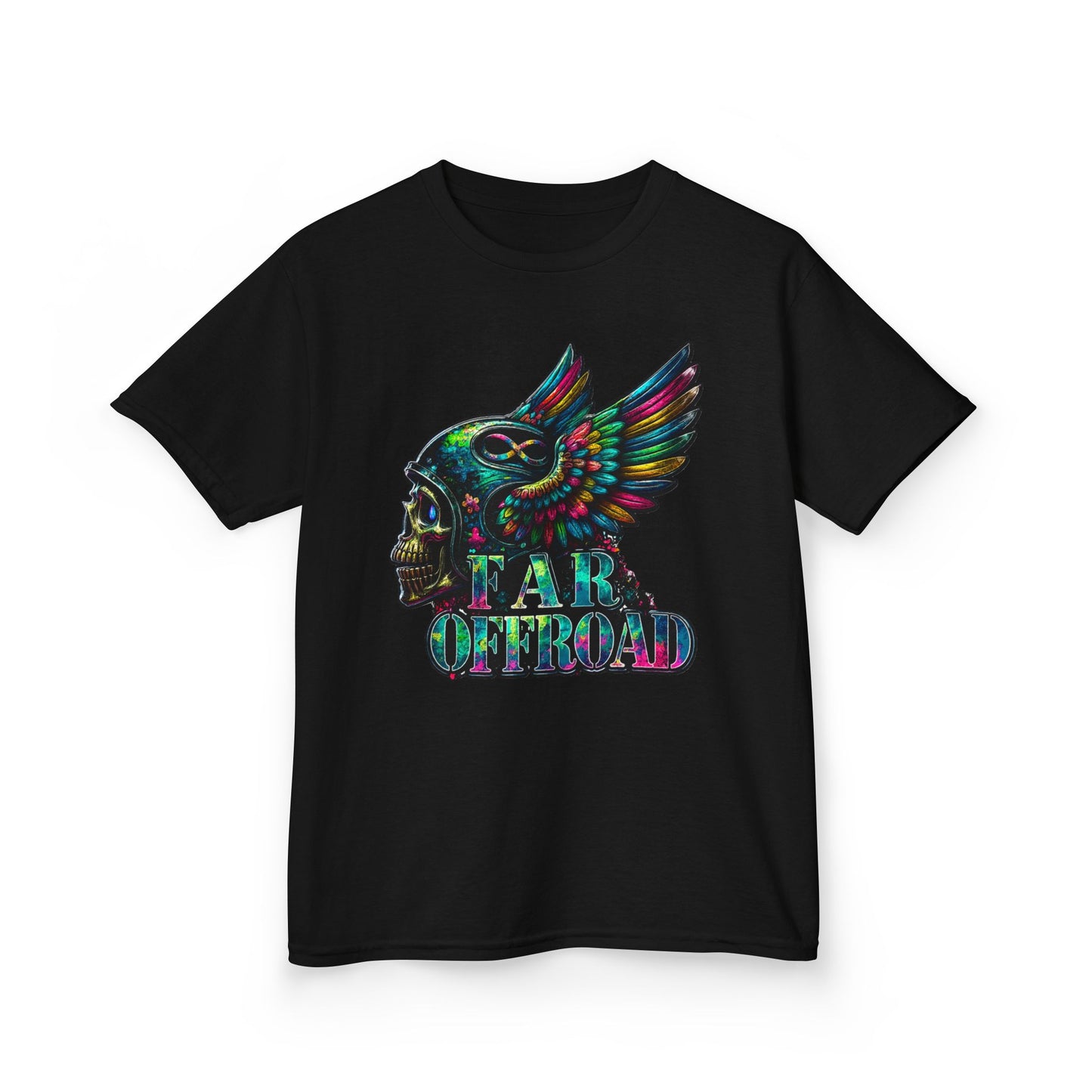 Kids Tee — Colorful Winged Skull “Far Offroad” Graphic