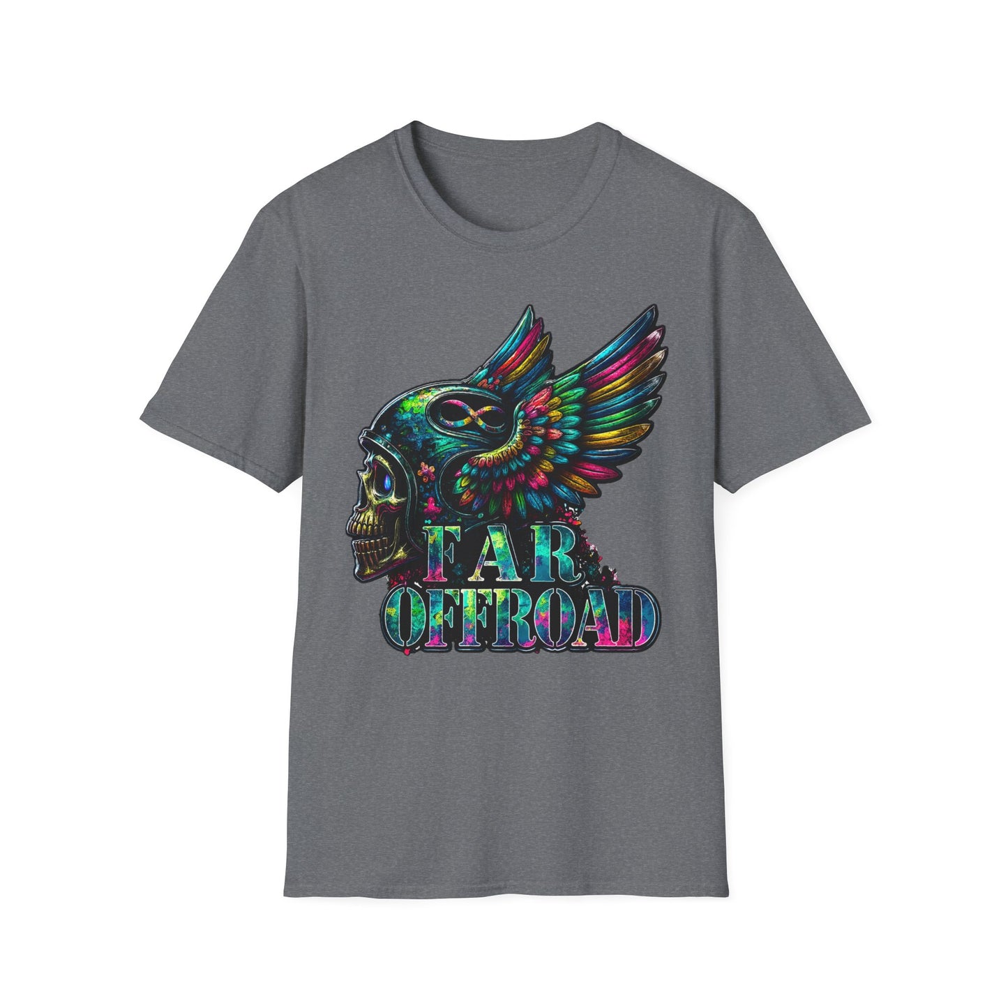 Far Offroad Skull Tee — Colorful Winged Skull Graphic T-Shirt