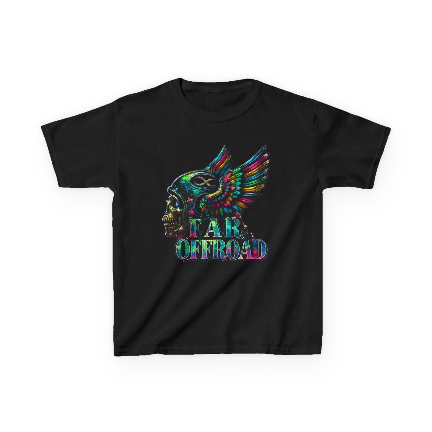 Kids Tee — Colorful Winged Skull “Far Offroad” Graphic