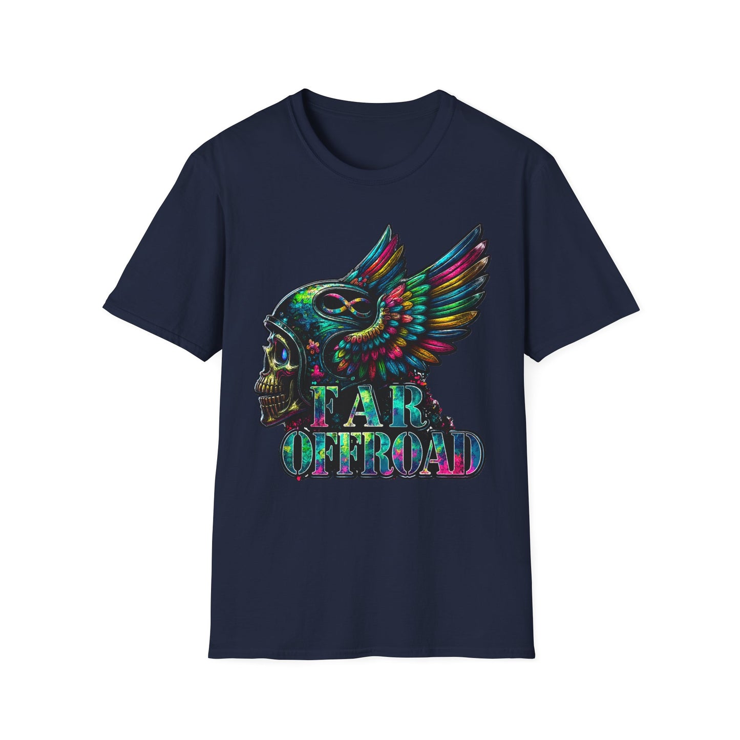 Far Offroad Skull Tee — Colorful Winged Skull Graphic T-Shirt