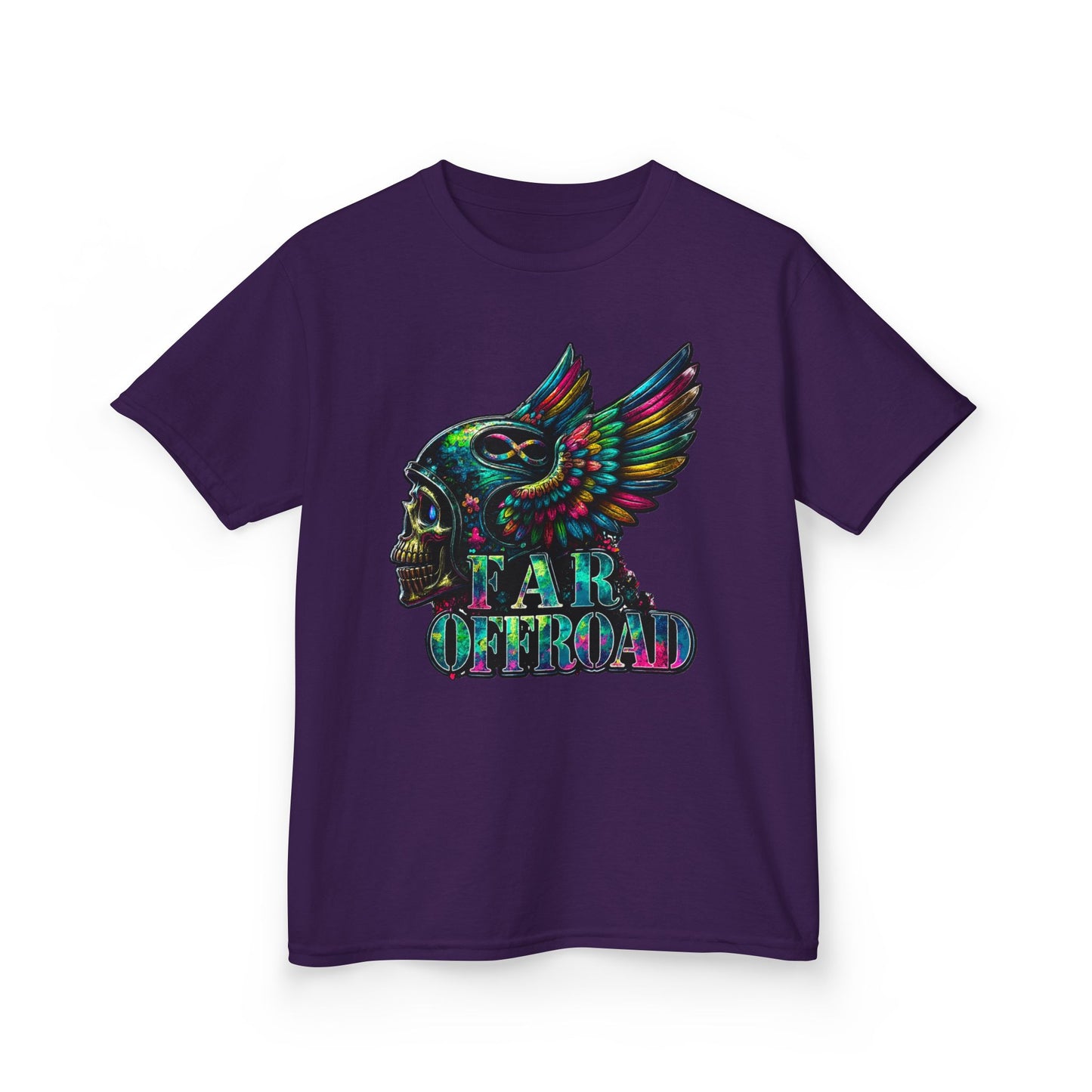 Kids Tee — Colorful Winged Skull “Far Offroad” Graphic