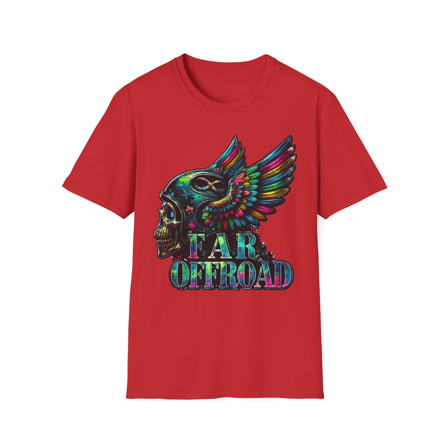 Far Offroad Skull Tee — Colorful Winged Skull Graphic T-Shirt