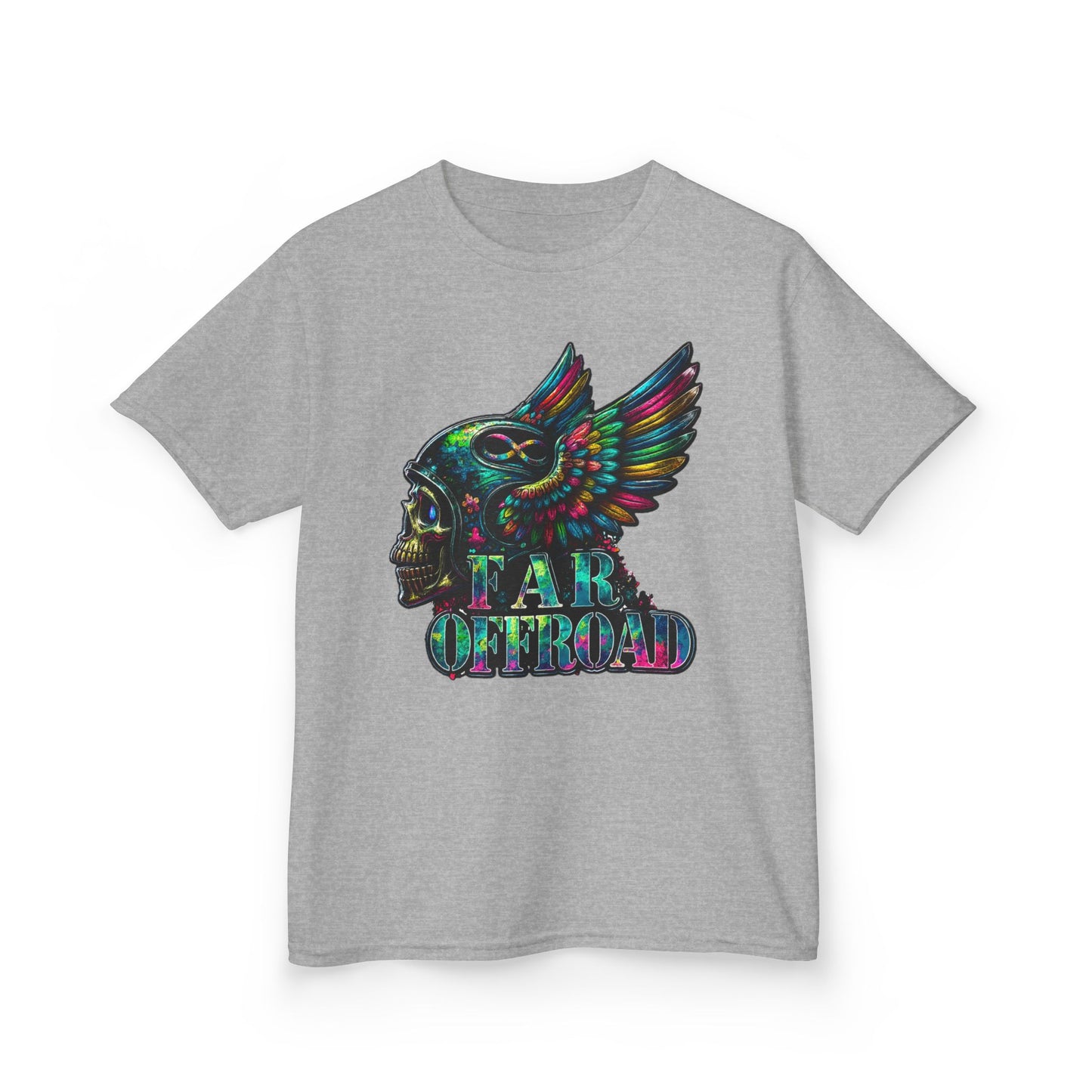 Kids Tee — Colorful Winged Skull “Far Offroad” Graphic