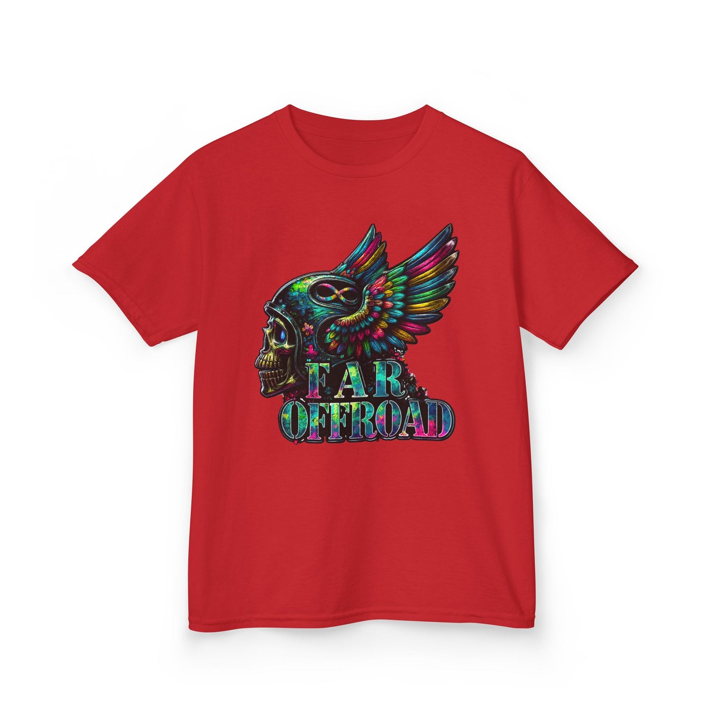 Kids Tee — Colorful Winged Skull “Far Offroad” Graphic