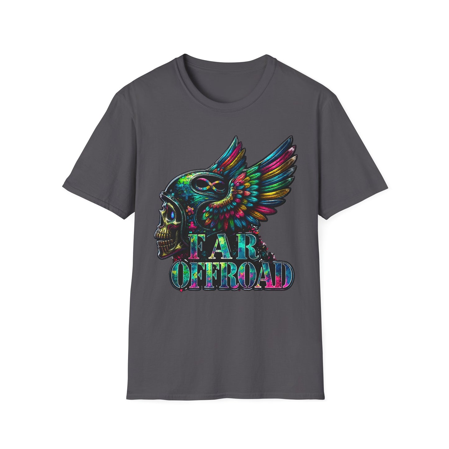 Far Offroad Skull Tee — Colorful Winged Skull Graphic T-Shirt