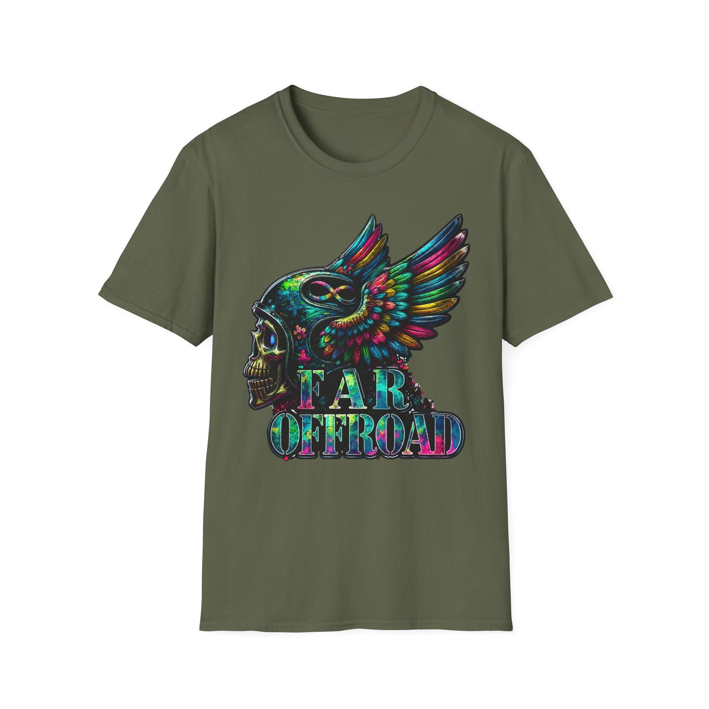 Far Offroad Skull Tee — Colorful Winged Skull Graphic T-Shirt