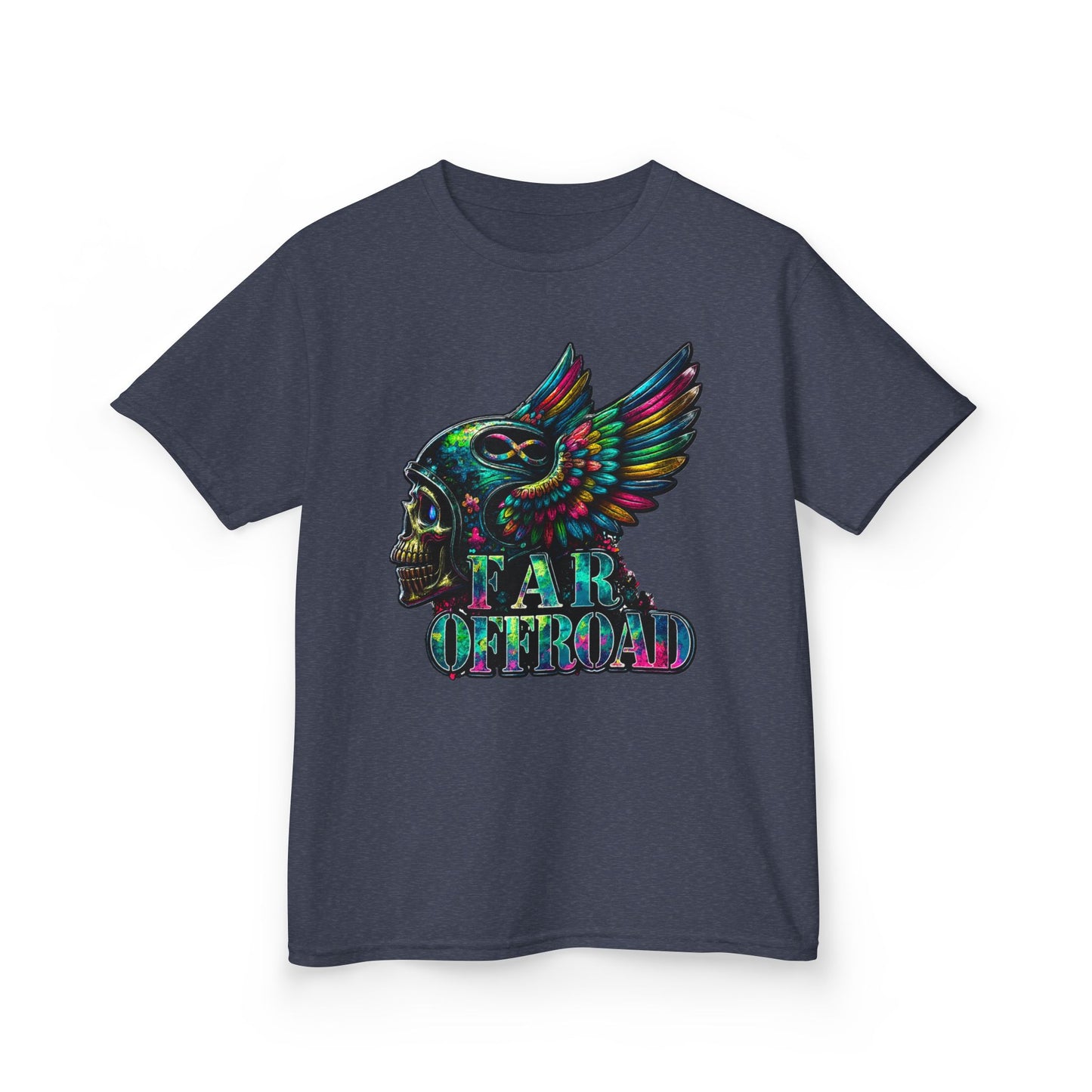 Kids Tee — Colorful Winged Skull “Far Offroad” Graphic