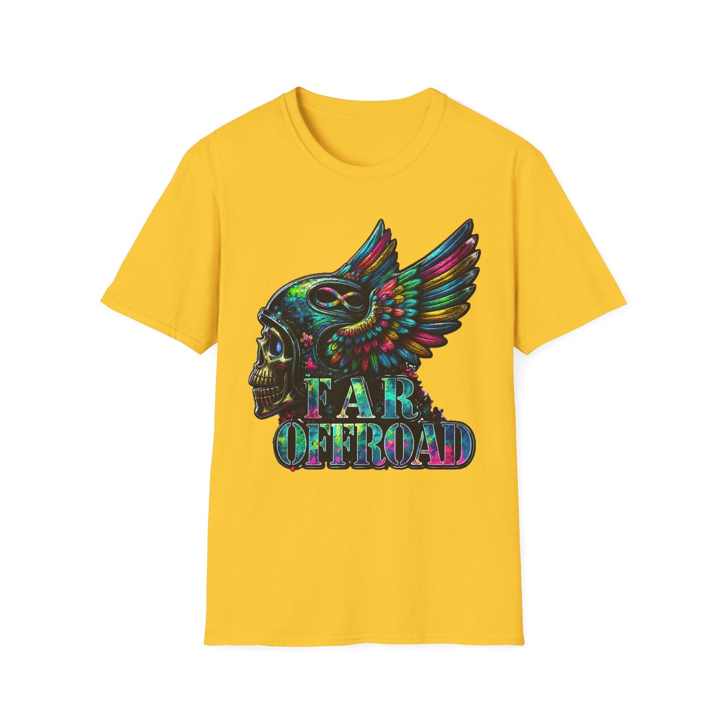 Far Offroad Skull Tee — Colorful Winged Skull Graphic T-Shirt