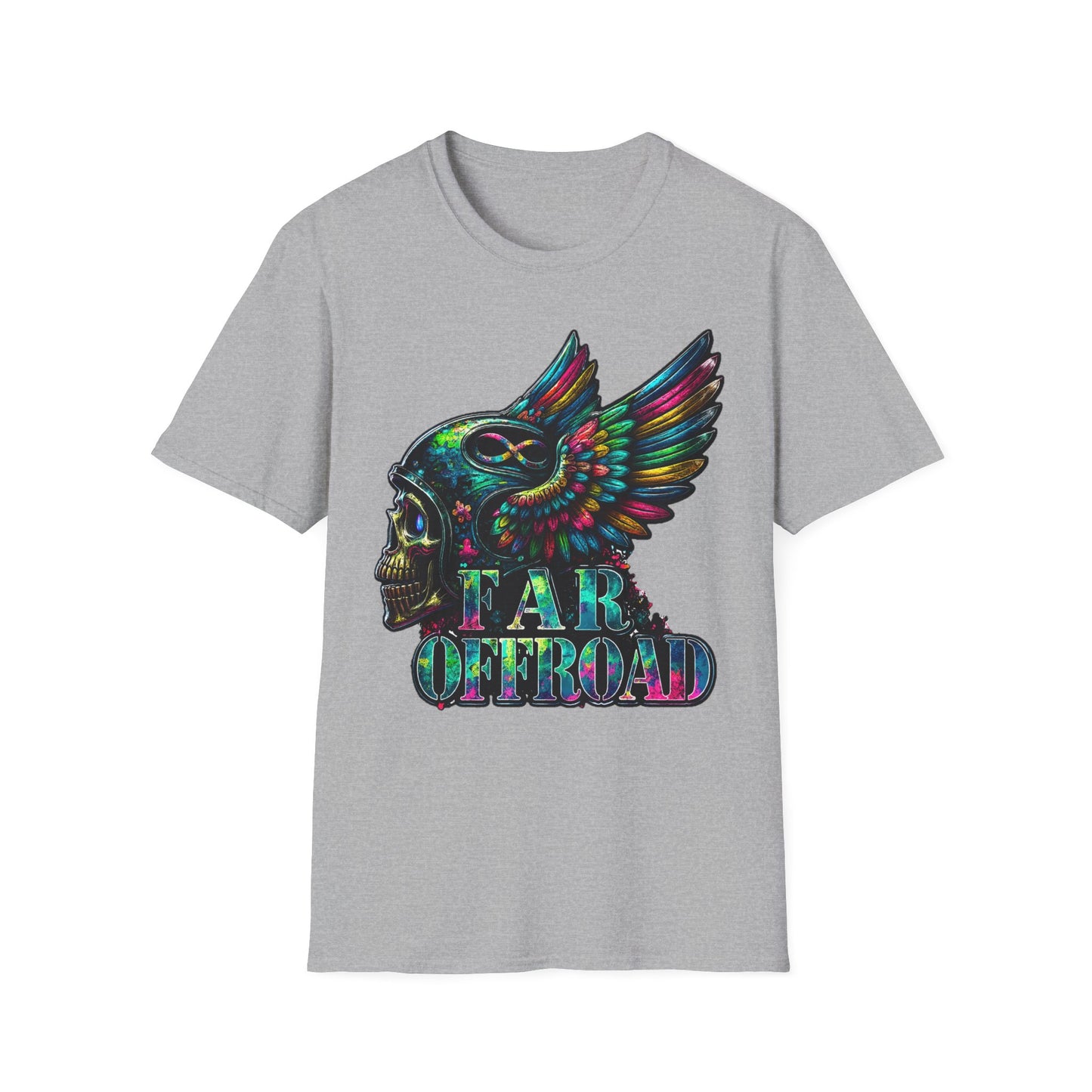 Far Offroad Skull Tee — Colorful Winged Skull Graphic T-Shirt