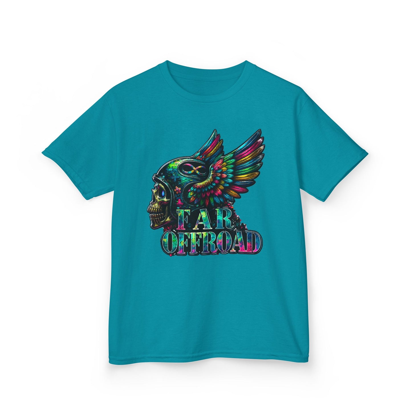 Kids Tee — Colorful Winged Skull “Far Offroad” Graphic