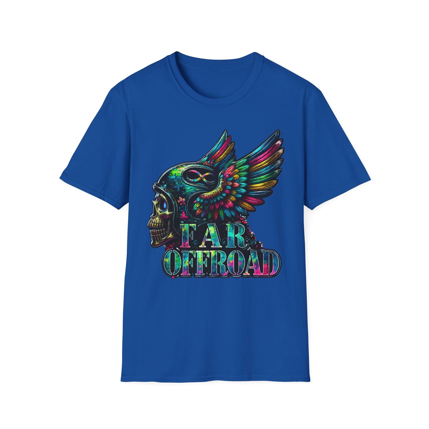 Far Offroad Skull Tee — Colorful Winged Skull Graphic T-Shirt