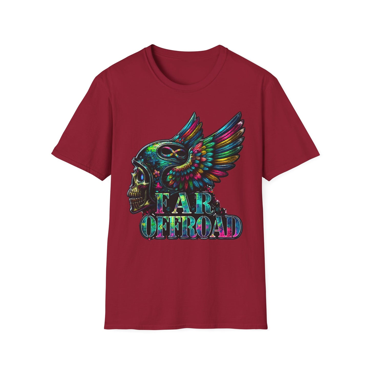 Far Offroad Skull Tee — Colorful Winged Skull Graphic T-Shirt