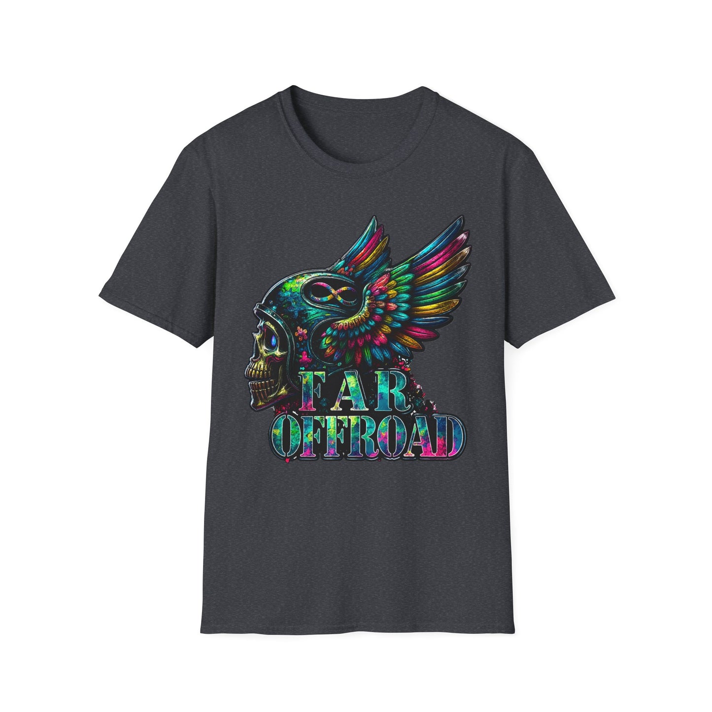 Far Offroad Skull Tee — Colorful Winged Skull Graphic T-Shirt